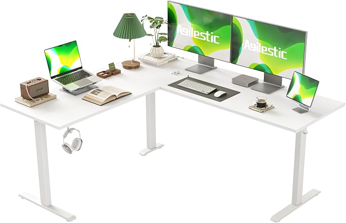 Agilestic 63 x 55 Inch L Shaped Electric Standing Desk, White | Corner Desk, Ample Workspace, Memory Presets, Hooks, Stable Steel Frame,176 lbs Capacity, Easy Assembly, Splice Board