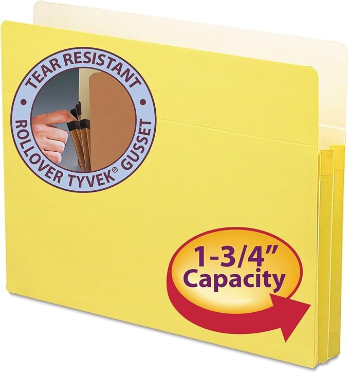 Smead File Pocket, Straight-Cut Tab, 1-3/4" Expansion, Letter Size, Yellow, 25 per Box (73223)