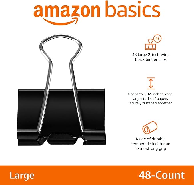 Amazon Basics Sturdy Binder Clips for Office Use, 48 Count (4 Pack of 12), Large, 2 in, Black
