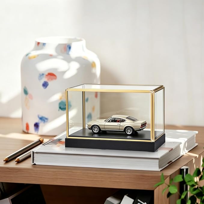 Hipiwe Glass Display Case for Collectibles Vintage Gold Display Case Box | Rectangular Glass Box for Figurine Models Plants Metal Frame Keepsake Box with Black Wood Base, 7.5"x4"x5"