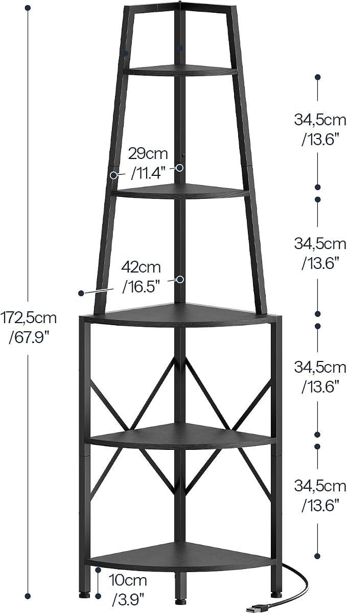 HOOBRO 5-Tier Corner Shelf with LED Lights, 67.9” Tall Corner Shelf Stand, Corner Bookshelf, Corner Plant Stand Display Shelf, for Living Room, Kitchen, Home Office, Black BB120DCJ01
