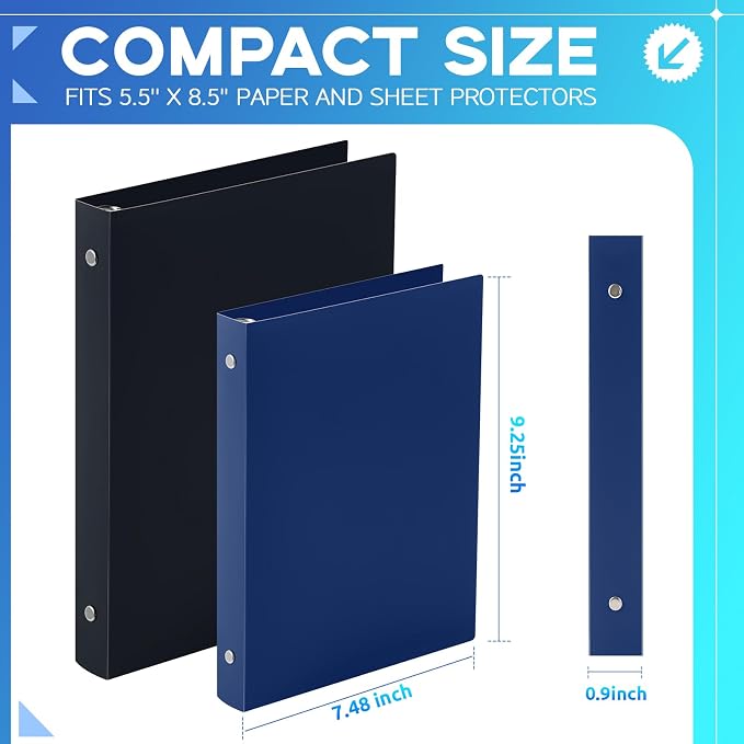 Henoyso 12 Pcs 0.5 Inch Mini 3 Ring Binders Fits 5.5" x 8.5" Paper, Holds(Capacity 140 Sheets), Plastic Flexible Three Round Rings Small Navy Blue A5 Binders Bulk for School, Office Use, Photo Album