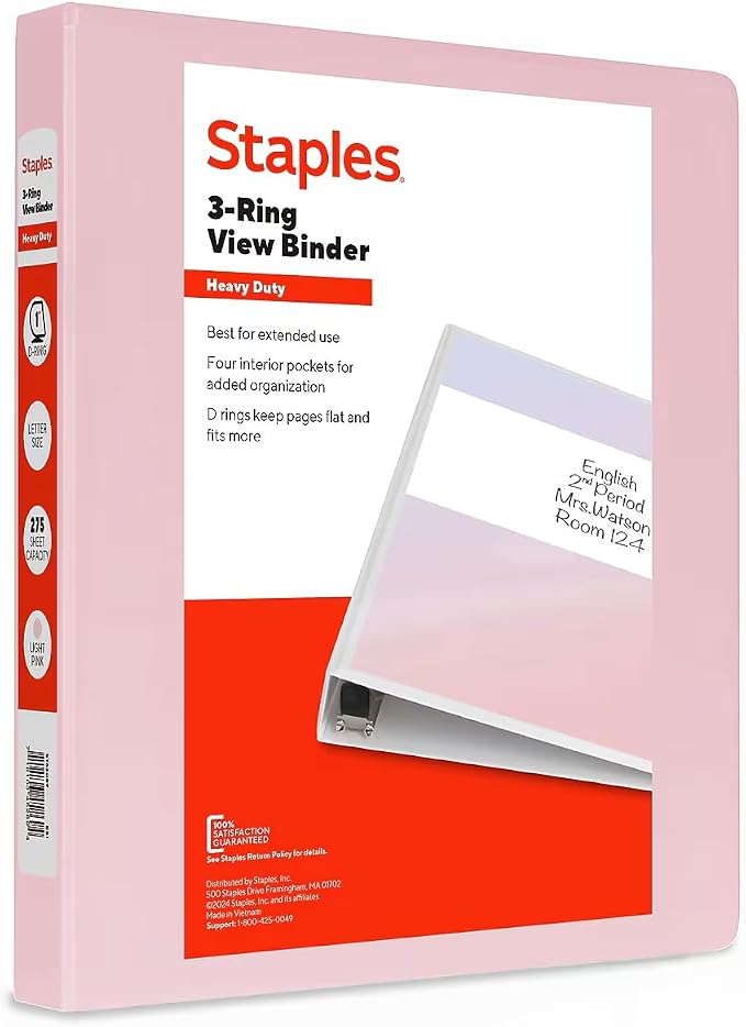 Staples Heavy-Duty 1-Inch 3-Ring View Binder, D-Ring, Light Pink | Durable binder for everyday school and office document organization.