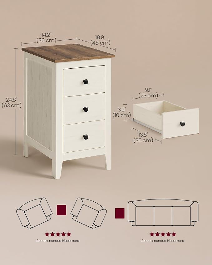 VASAGLE Side End Table with 3 Storage Drawers, Nightstand Farmhouse | Narrow Bedside Table for Living Room, Bedroom, Home Office, Rustic White and Honey Brown, LIRY Collection ULET132W101S