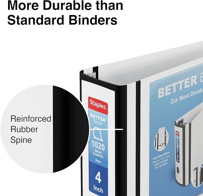 Staples Better 4-Inch 3-Ring View Binder, White, Reinforced Spine | High-capacity durable binder for school and everyday office storage.