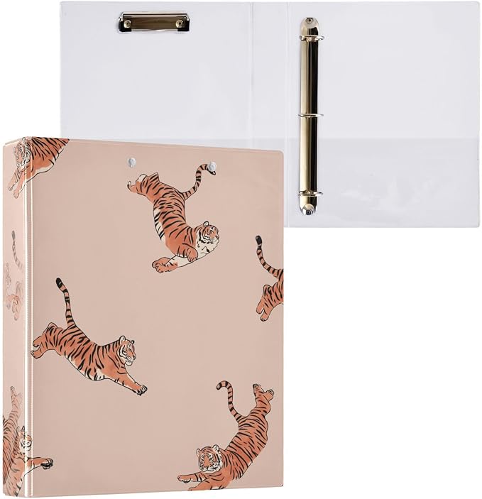 3 Ring Binder with Cute Tiger Design - 1.5 Inch Heavy Duty Three-Ring Binder with 2 Pockets, Round Rings for Office Supplies (Letter Size)