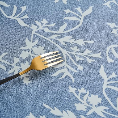 LIBERECOO Vinyl Tablecloth with Flannel Backing –Indigo Botanical Charm, Waterproof, Wipeable, Durable Table Cover – 4 Colors