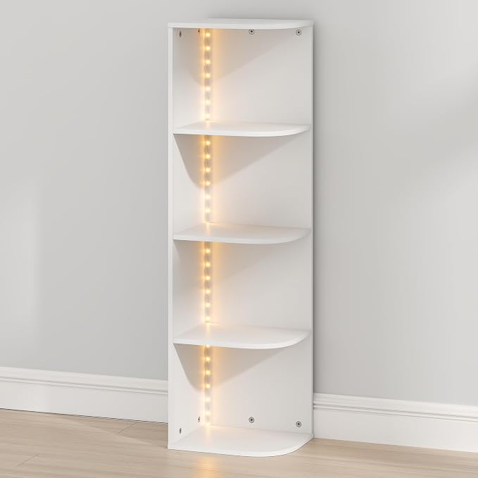 Furinno PASIR Book Shelf with LED Lights, 4-Tier Bookshelf, Open Corner Shelf Bookcase, 9.3 x 12 x 41.4, for Home Office, Living Room, Study Room, White