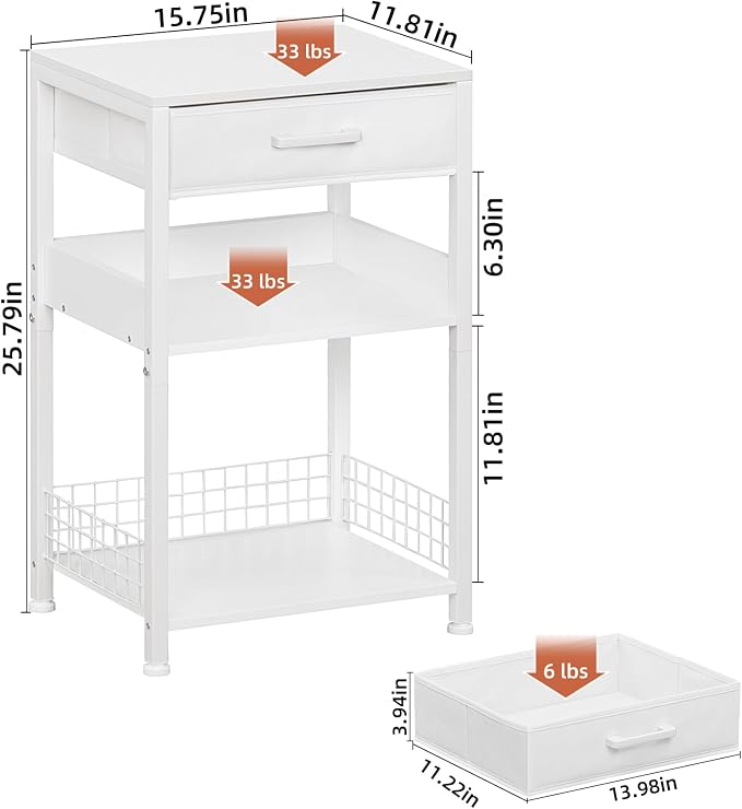 Lerliuo 3-Tier Printer Stand with Fabric Drawer and Shelves, White | Three-tier printer stand with fabric drawer and two shelves for paper, office supplies, scanners and fax machines