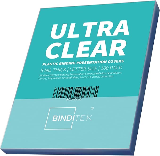 Binditek 8 Mil PET Binding Covers, 8.5 x 11 Inches, Ultra Clear, 100 Pack | Plastic PET Binding Covers, Letter Size, Ultra Clear, Square Corners, Unpunched, Ideal for Business Reports and Proposals