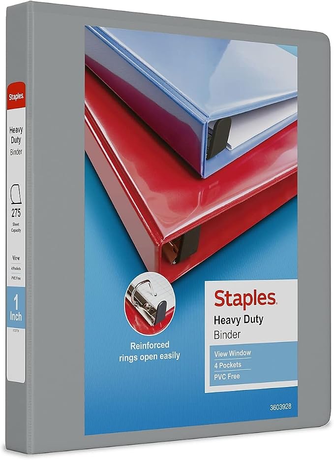 Staples Heavy-Duty 1-Inch D-Ring View Binder, Reinforced Spine, Holds Up to 275 Sheets, Gray, for Office & School