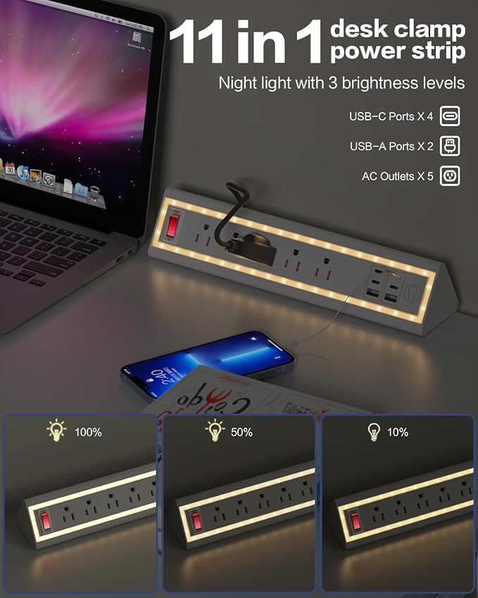 Desk Clamp Power Strip with Nightlight, 40W Fast Charging, 10FT Extension Cord, 4x20W USB-C & 2 USB Ports, 5 AC Outlets, Fits 1.69-Inch Table Edges