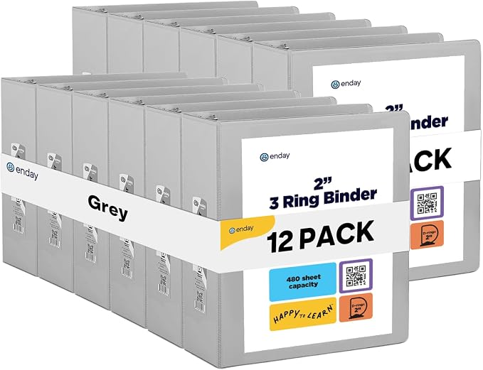 Enday 2 inch 3 Ring Binder (12 Pack - Grey) Binder 2 inch with Clear View Cover and 2 Inside Pocket - for Letter Size 8.5 x 11'' Paper, Ideal for School Supplies, Office, and Home