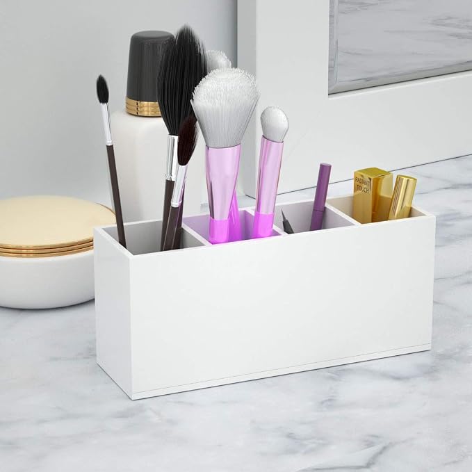 NIUBEE Acrylic Pen Holder 4 Compartments, White Pencil Organizer Cup for Countertop Desk Accessory Storage (White) | Scratch-resistant thick acrylic with 4 slots for pens, pencils, makeup brushes, office, vanity and school use