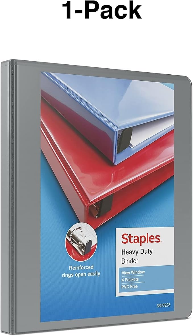 Staples Heavy-Duty 1/2 Inch 3-Ring View Binders, Gray, Holds Up to 100 Sheets, Durable D-Ring Binders for School & Office, 3 Pack