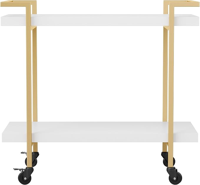 Martha Stewart Liam 2-Tier Mobile Office Storage and Printer Cart, White | Polished Brass Frame