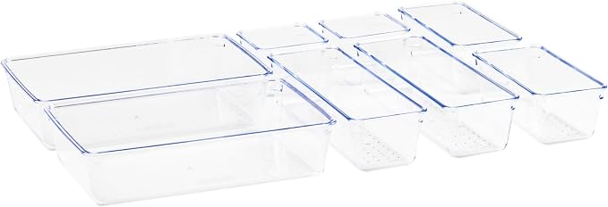 Mind Reader 8-Piece Drawer Organizer Set, Storage Trays for Kitchen, Bathroom, Office, Makeup, Jewelry & More, Junk Drawer Tray, Utensil Holder, Plastic, Clear