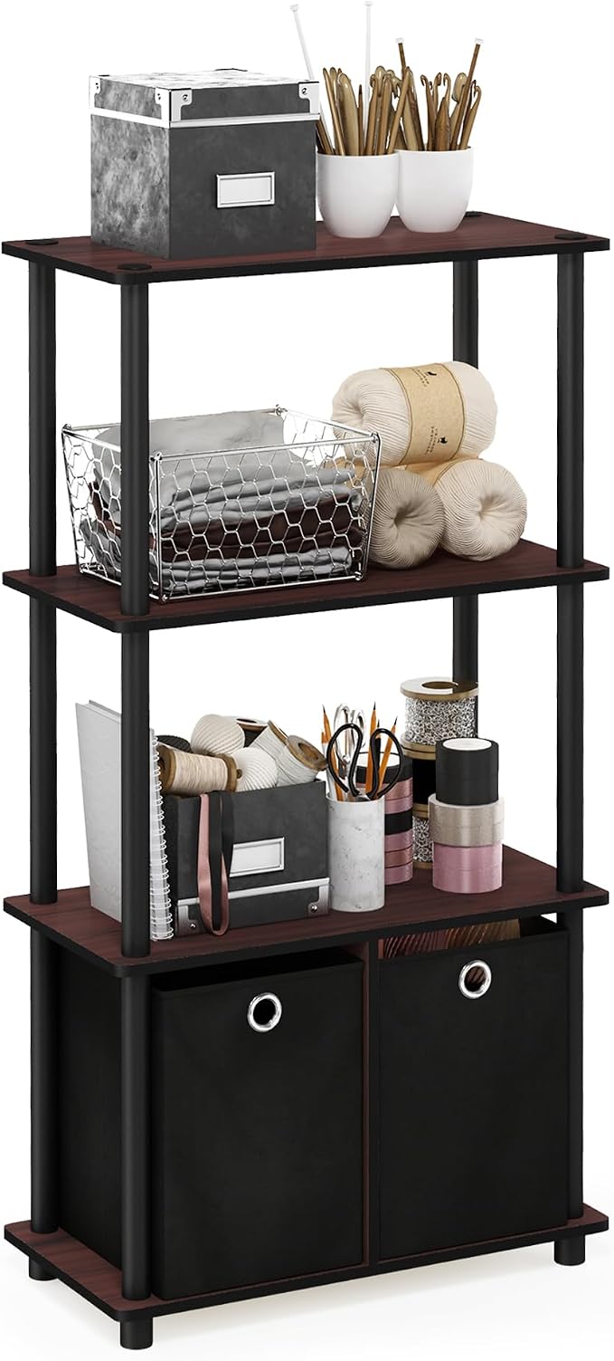 Furinno GO GREEN Storage Shelf Set of 2, 4-Tier Storage Rack with Bins, Book Shelf, Display Rack, with Storage Bins, for Organization and Storage, Living Room, Home Office, Dark Cherry