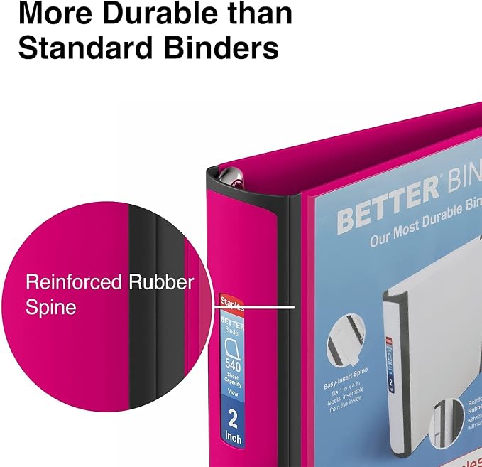 Staples Better Binder, 2-Inch D-Ring View, Pink, Holds 450 Sheets | Reinforced spine for durable everyday use in office and school settings.