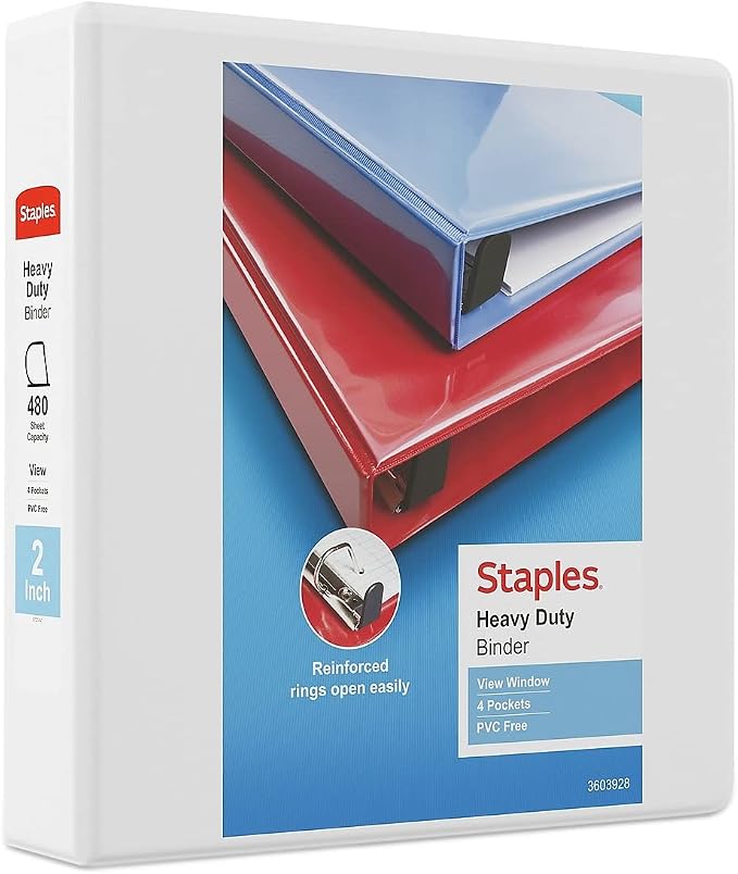 Staples Heavy-Duty 2-Inch D-Ring View Binder, White – Large Capacity 3-Ring Binder for School & Office Storage