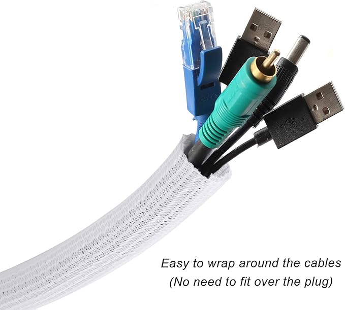 CrocSee 25ft - 3/8 inch Braided Cable Management Sleeve Cord Protector - Self-Wrapping Split Wire Loom for TV/Computer/Home Theater/Engine Bay - White