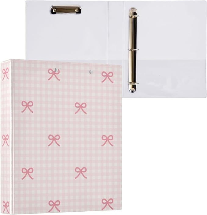 3 Ring Binder 1.5 Inch Pink Checkered and Bows Clipboards Binders with Interior Pockets Round Ring Binder for Office Supplies and School