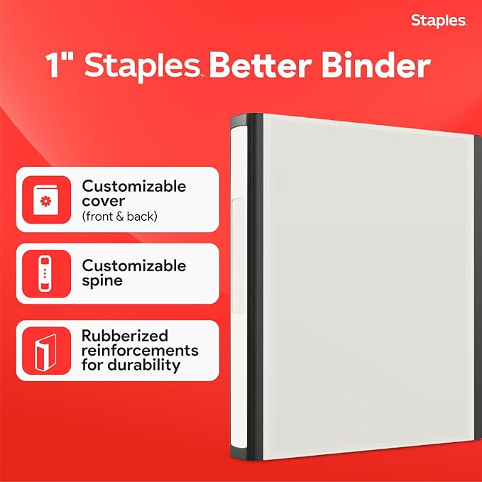 Staples Heavy-Duty 1-Inch D-Ring View Binder, White, 275 Sheets | Clear overlay cover for school and office document organization.