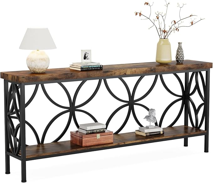 LITTLE TREE Sofa Table, 70.9 Inch Industrial Behind Couch Table with Storage Shelves, Narrow Long Console Table for Entryway, Living Room, Foyer, Hallway, Office