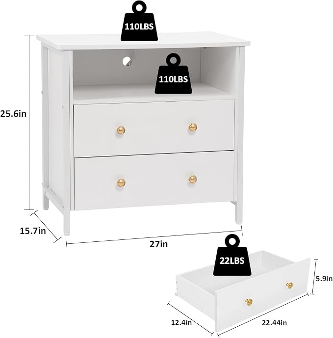 27" LED Nightstand Set 2 with Charging Station, 2 Drawers, White | RGB App Control, 2 AC Outlets & 2 USB Ports, Open Storage, Adjustable Feet, Wood Tall Nightstand for Bedroom or Office