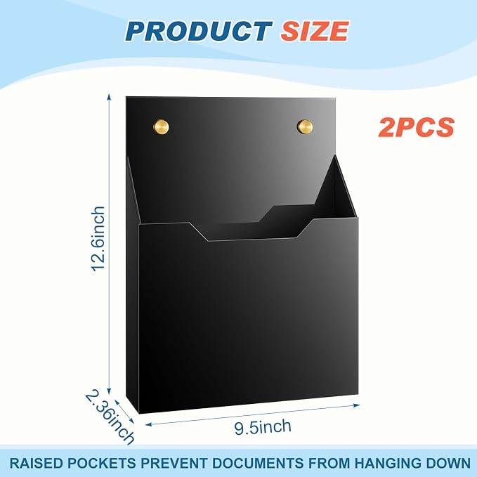 Feifeiya 2 Pcs Black Acrylic File Holder Wall Mount Mail Magazine Organizer File Holders with Screw Wall Office Document Storage Magazine Brochure (12.6"x9.5"x2.4", Widening Vertical, Black)