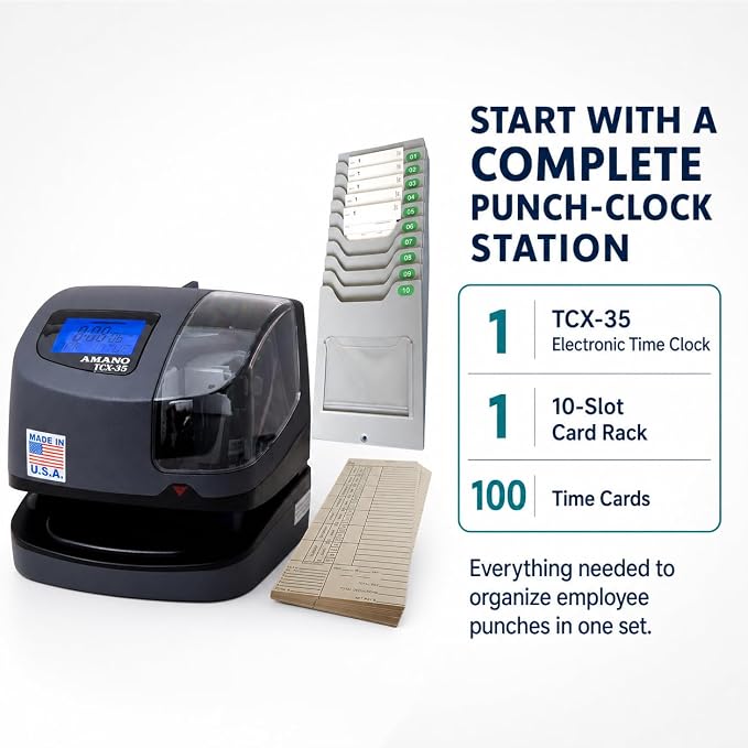 AMANO TCX-35 Time Clock Starter Pack, Includes Card Rack and 100 Time Cards, Electronic Punch Clock for Small Business, Made in USA (Bundle)