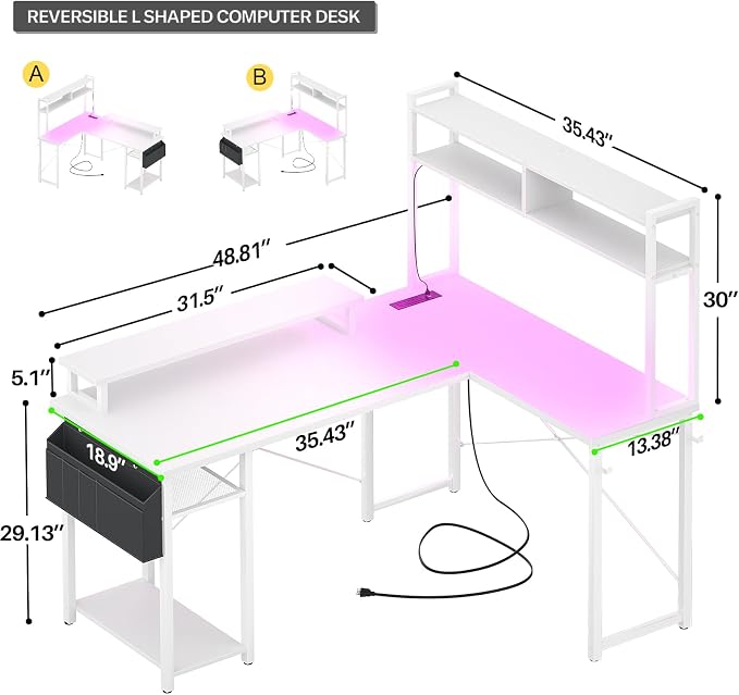 Aheaplus Small L Shaped Desk with Charging Port & LED Strip, Reversible L-Shaped Gaming Desk Computer Desk with Monitor Stand & Storage Shelf, Corner Desks Home Office Desk with Storage Bag, White