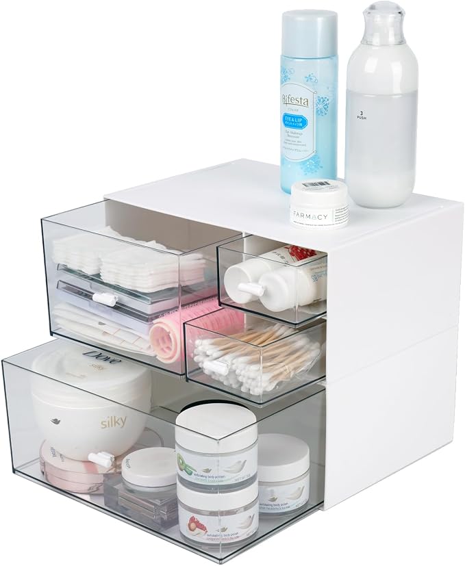 Stackable Storage Drawers, Office Desk Organizer with 4 Mix Drawers | White, Plastic Mini Desktop Storage Box, Tabletop Small Craft Drawer for Office Supplies, Makeup Desk Organizer and Accessory
