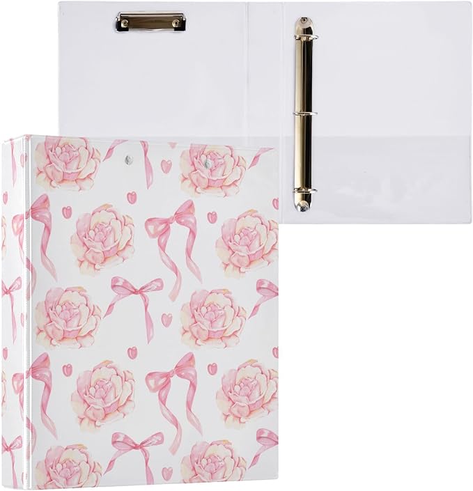 3 Ring Binder 1.5 Inch Flower Ribbons Bows Pink Clipboards Binders with Interior Pockets Round Ring Binder for Office Supplies and School