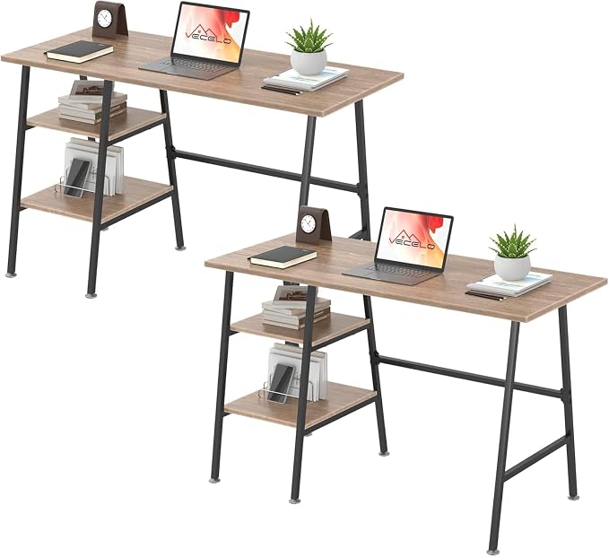 VECELO 43.1 Inch Computer Desk Home Office Oak Study Desk Work Office Table with Shelves Wooden Desk for Bedroom 2 Set