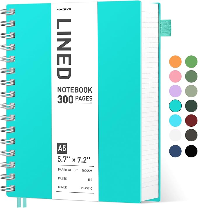 AHGXG Spiral Notebook - A5 Notebook College Ruled, Small 5.7" X 8.22", 300 Pages Thick Notebook Journal, 100GSM Lined Paper, Plastic Hardcover, for Work Office School Writing Notes, Lake Blue
