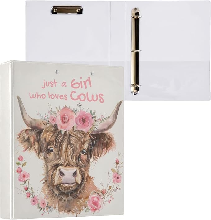 Highland Cow Binders 1.5 Inch Ring Binders A4 Paper Size Cute Decorative Hardcover with Interior Pockets&3 Rings Pink Floral Binder Organizer for Home School Office Supplies