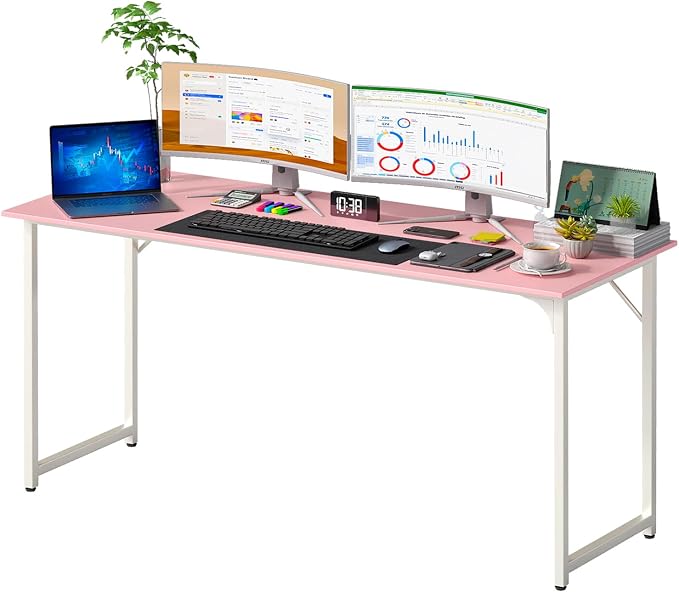 PayLessHere | 63 Inch Computer Desk | Pink | Office Desk with Metal Frame, Adjustable Feet | Water-Resistant, Scratchproof Surface | Sturdy Writing Table for Home Office or Study | Pack of 1