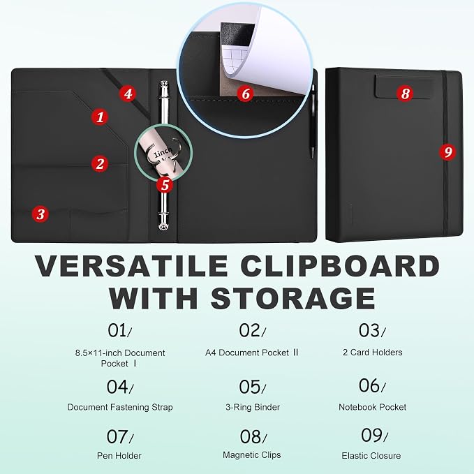 Leathario 1 Inch 3 Ring Binder with Clipboard Storage Vegan Leather | Includes 10 Clear Divider Pockets, 4 Envelope Pockets, 1 Pen Bag and 1 Pen, Suitable for A4/8.5x11 Paper, for Students Work
