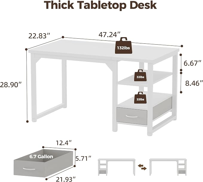 48 in Computer Desk with Drawer, 1" Thick Reversible Office Desk | Modern Writing Table with Storage Shelves, Heavy Duty Industrial Study Desk for Home Bedroom Work