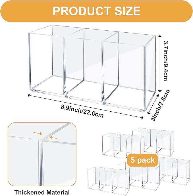 Lemecima 5 Pack Acrylic Pen Pencil Holder - 3 Compartment Clear Pencil Pen Organizer for Office Home Supplies Desk Accessories
