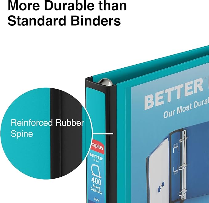 Staples Better Binder, 1.5-Inch D-Ring View, Teal, Holds 350 Sheets | Reinforced spine for durable everyday use in office and school settings.
