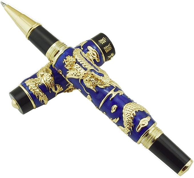 Jinhao Double Dragon Rollerball Pen Blue Cloisonne Enamel Handcraft for Signature and Collection