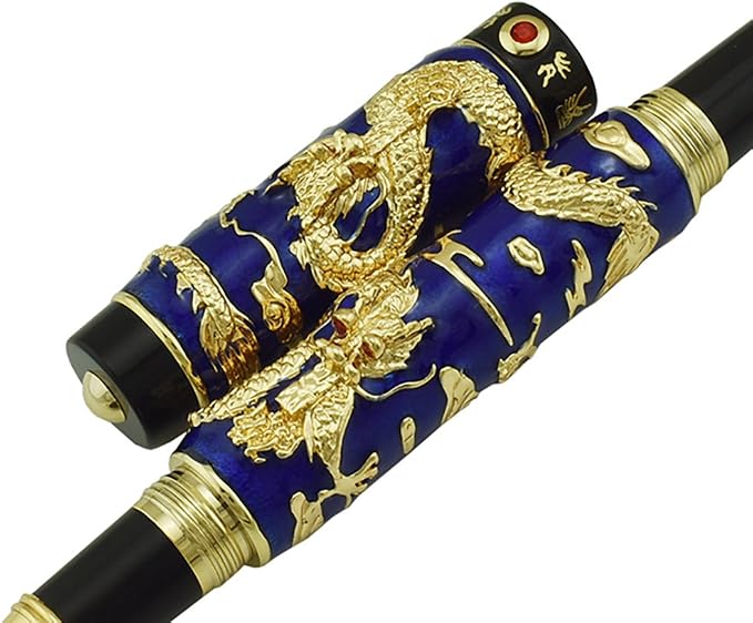Jinhao Double Dragon Rollerball Pen Blue Cloisonne Enamel Handcraft for Signature and Collection