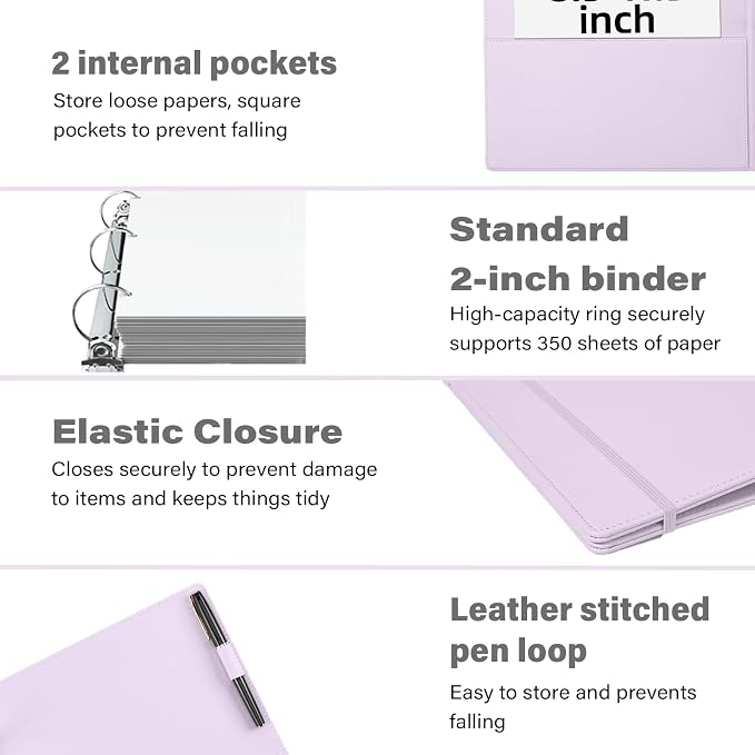 Vintage Hardcover 3 Ring Faux Leather Binder, 1.5 Inch Ring, 2 Inch Spine, Professional Organizer, Letter Size Dividers With Tabs, Faux Lavender Purple Leather
