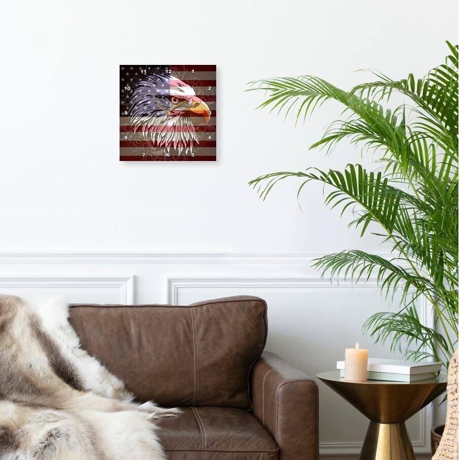 3dRose Wall Clock Silent - 10 inch - Ornate Patriotic Bald Eagle and USA American Flag Pride Great for Fourth of July Independence Day - Patriotic Designs