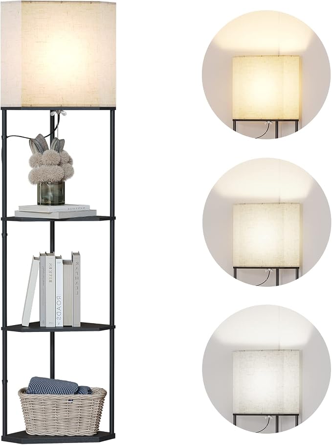 SUNMORY Sector Corner Shelf Lamp 3 Color Temperatures LED Bulb,Corner Lamps with Linen Lampshade, Floor Lamps for Living Room, Bedroom, Study, Black Standing Lamp with Shelves | 3 CCT LED Bulb Include, 4-Tier Display Bookshelf, 63" Tall Standing Lamp, ...