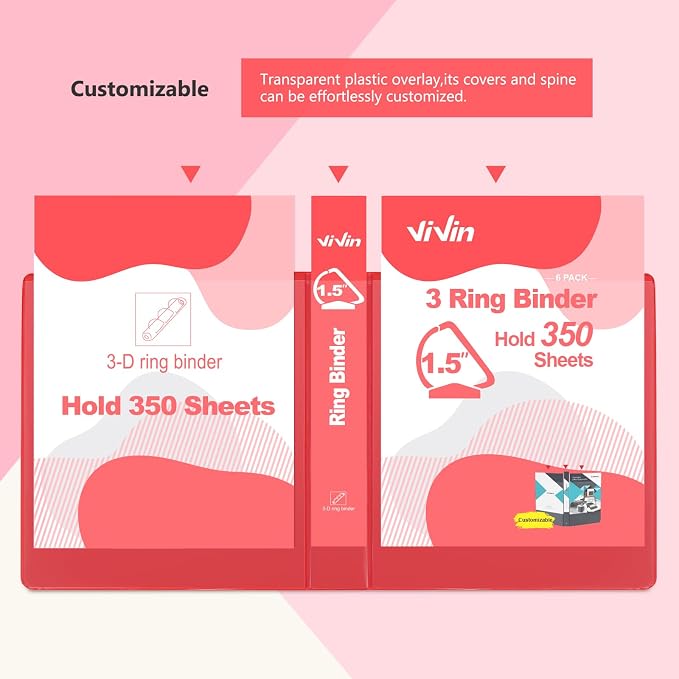 ViVin Sturdy 1.5 Inch 3 Ring Binder with 2 Pockets, 6 Pack, Red | Slant-D Ring Binder, PVC-Free, Customizable Clear View Binder,Holds 350 Sheets of 8.5" x 11" Paper, 2 Interior Pockets