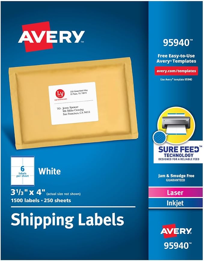 Avery Printable Shipping Labels with Sure Feed, 3-1/3" x 4", White, 1,500 Blank Mailing Labels (95940)