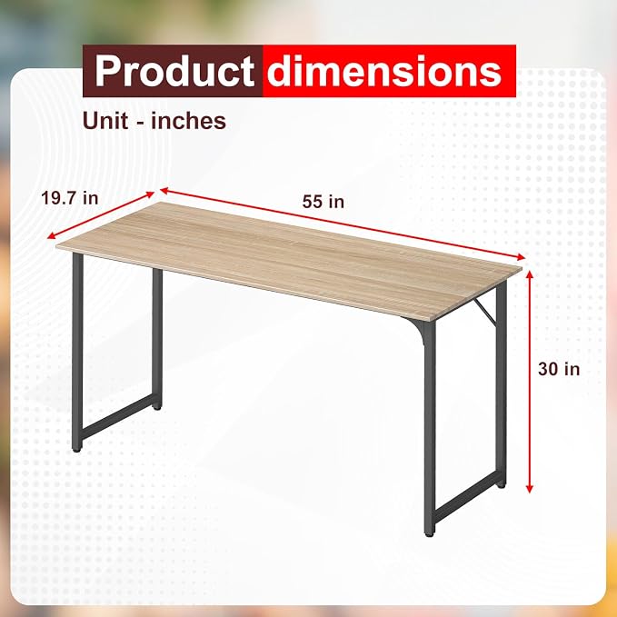 PayLessHere | 55 Inch Computer Desk | Nature | Office Desk with Metal Frame, Adjustable Feet | Water-Resistant, Scratchproof Surface | Sturdy Writing Table for Home Office or Study | Pack of 1
